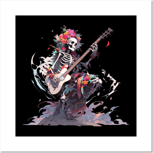 Skeleton With Guitar Muerta Flowers Wall Art by Nightarcade